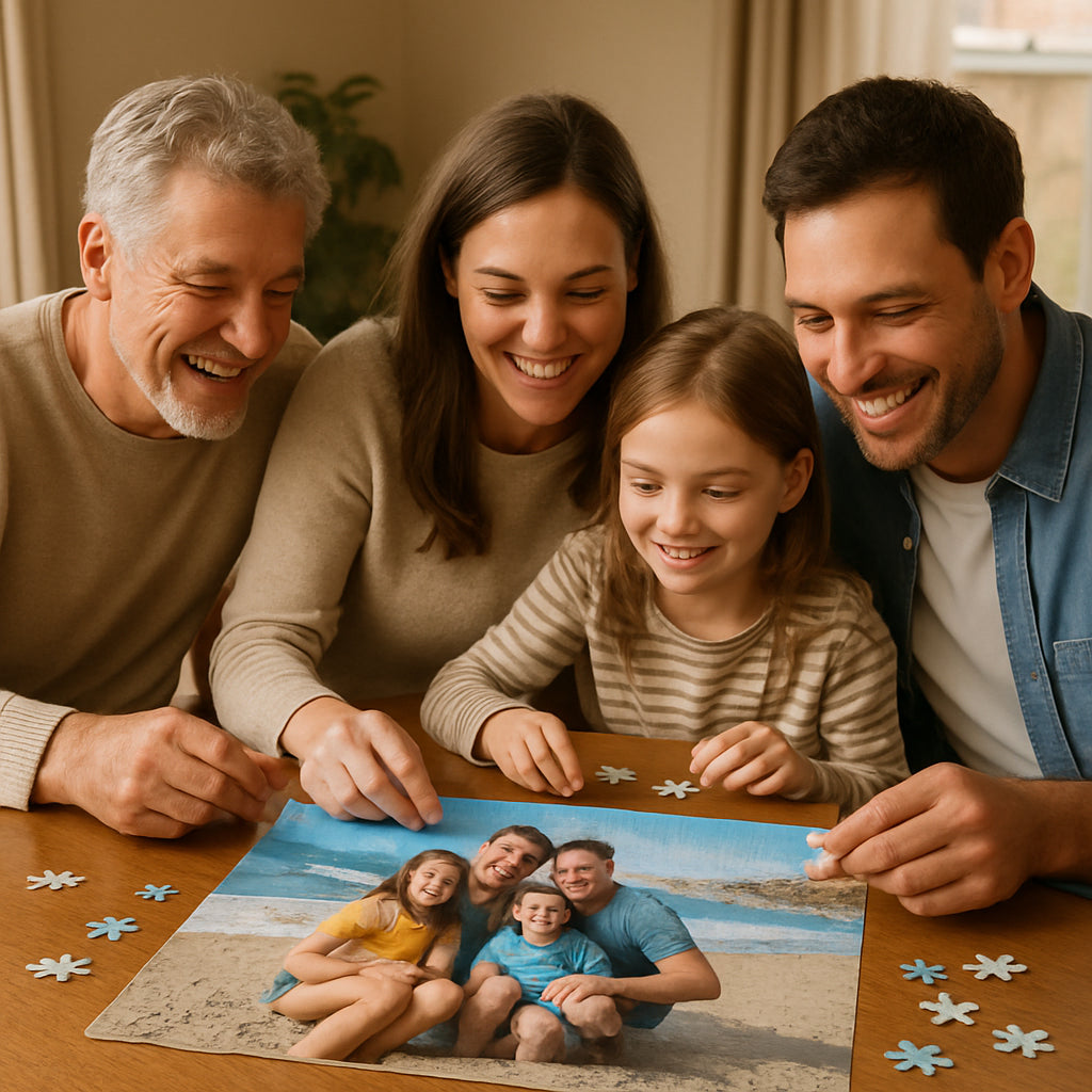 A cozy family gathered around a table, happily assembling a personalized photo jigsaw puzzle featuring their favorite vacation photo. Alt: Family bonding over a personalized photo jigsaw puzzle made from a cherished vacation picture.