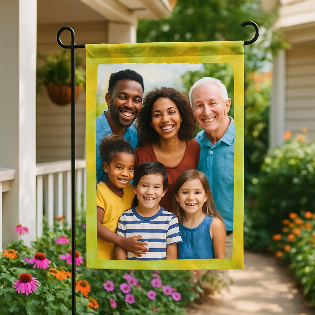 A vibrant garden flag featuring a family photo, fluttering on a sunny porch. Alt: custom photo garden flag gift ideas for outdoor decor.