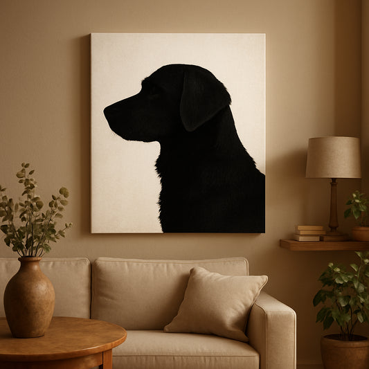 A beautiful print on demand custom pet silhouette canvas hanging in a cozy living room setting. Alt: Print on demand custom pet silhouette canvas gift showcasing a dog’s profile in elegant black and white.