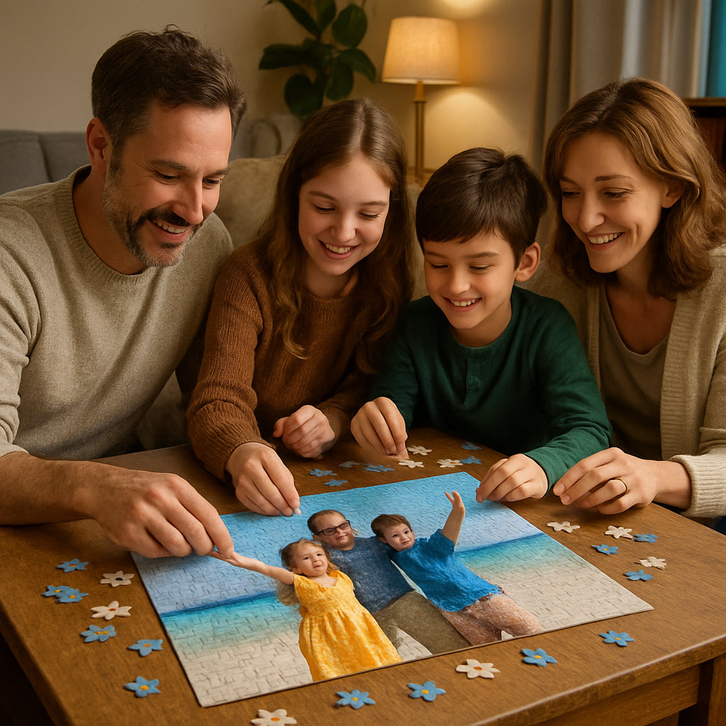 A cozy living room scene with a family gathered around a wooden table assembling a personalized photo jigsaw puzzle featuring a bright beach photo. Alt: personalized photo jigsaw puzzle memory gift