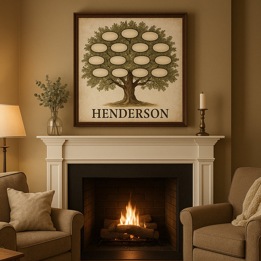 A cozy living room with a beautifully framed custom family tree canvas print above a mantel, showcasing a classic design style. Alt: Custom family tree canvas print gift displayed in a warm home interior.