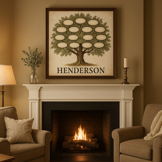A cozy living room with a beautifully framed custom family tree canvas print above a mantel, showcasing a classic design style. Alt: Custom family tree canvas print gift displayed in a warm home interior.