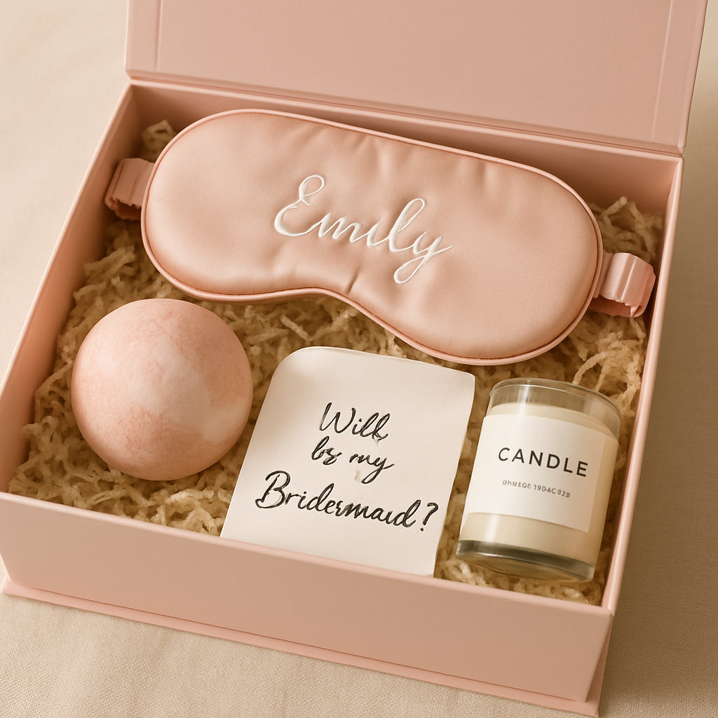 A beautifully arranged spa essentials kit inside a pastel bridesmaid proposal box, featuring a custom eye mask, scented candle, bath bomb, and handwritten note. Alt: personalized bridesmaid proposal box spa kit