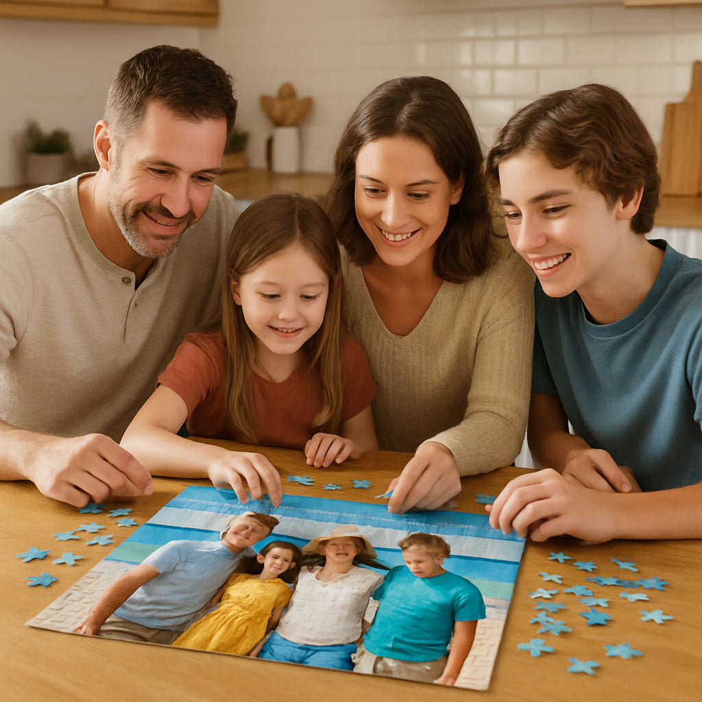A family gathered around a kitchen table assembling a colorful jigsaw puzzle made from a sunny beach vacation photo. Alt: personalized photo jigsaw puzzle family vacation memory