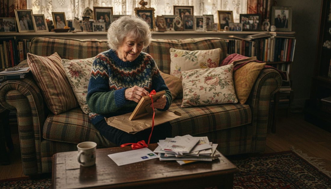 Elderly woman unwrapping personal gift at home