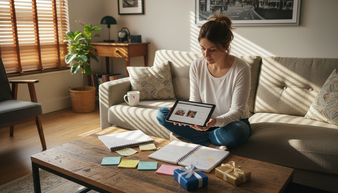 Woman choosing personalized gifts in living room