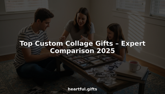 Family arranging photo collage in sunny living room