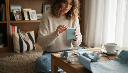 Woman unwraps personalised gift in living room
