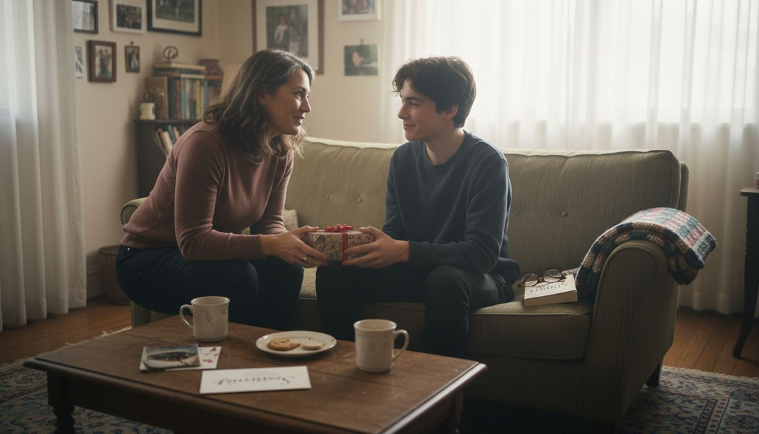 Mother and son exchanging gift in living room