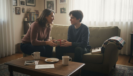 Mother and son exchanging gift in living room