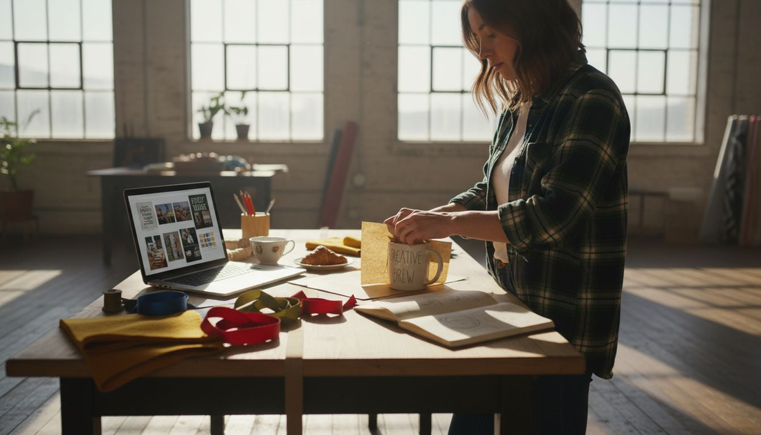 Designer creating personalized gift in sunlit studio