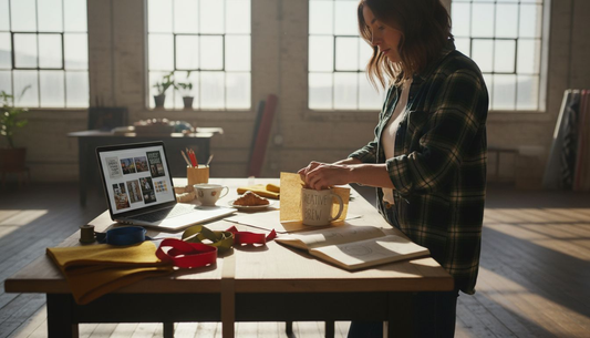 Designer creating personalized gift in sunlit studio