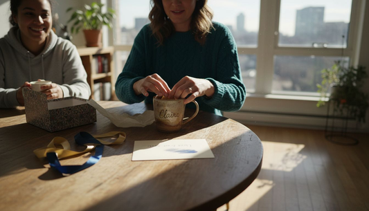 Woman unwrapping personalised gift at table