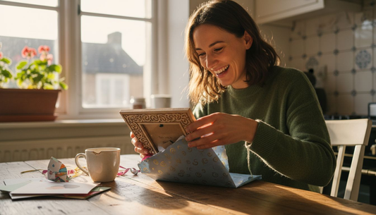 Woman opening engraved personalised gift at home