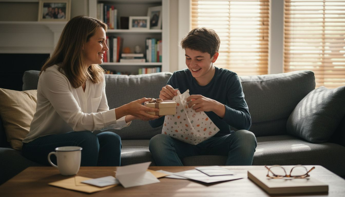 Mother giving personalized gift to son at home
