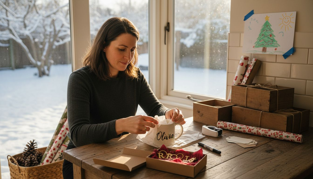 Woman assembling personalised holiday gift boxes