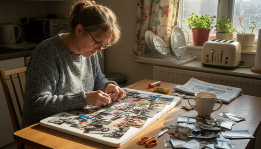 Woman creating photo collage at kitchen table