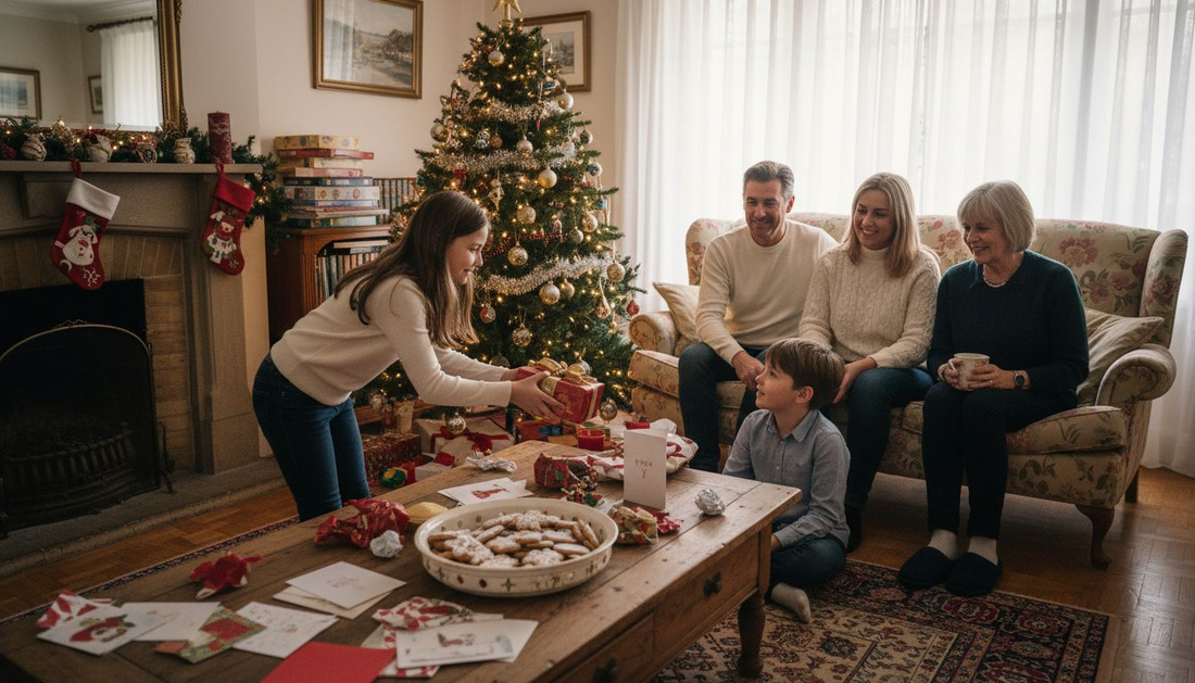 European family exchanging Christmas gifts at home