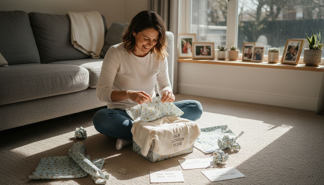 Woman unboxing personalized gift in living room