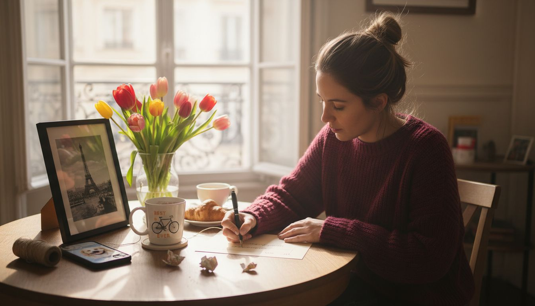 Woman preparing personalised gifts at home with sunlight