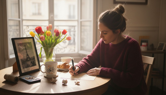 Woman preparing personalised gifts at home with sunlight