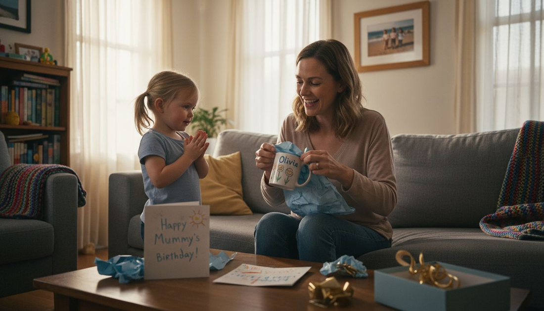 Mother opening personalised gift with daughter watching