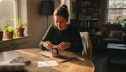 Woman wrapping personalized mug at dining table