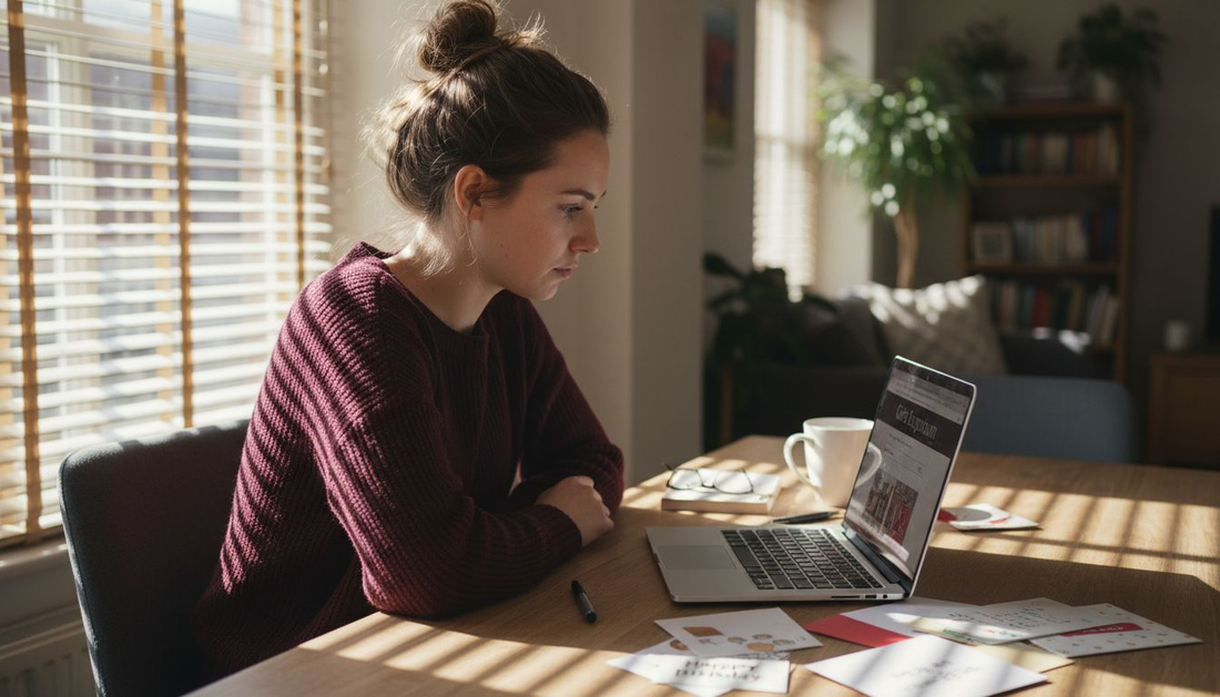 Woman browsing personalised gift website at home