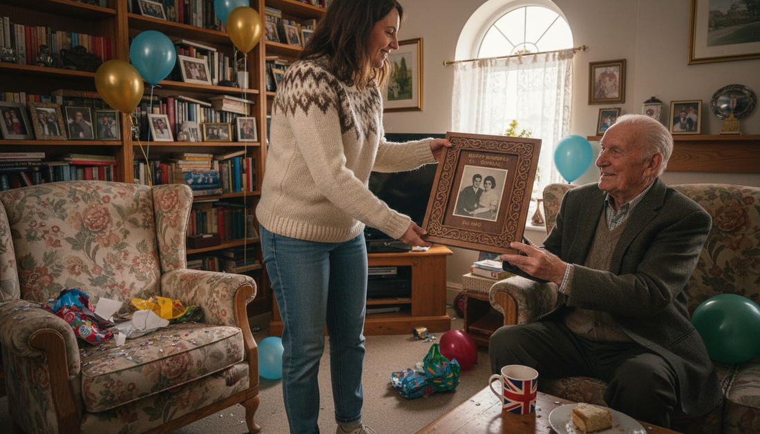 Woman giving custom photo frame birthday gift