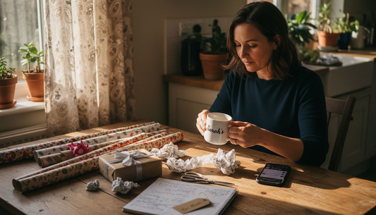 Woman selecting personal holiday gifts at table