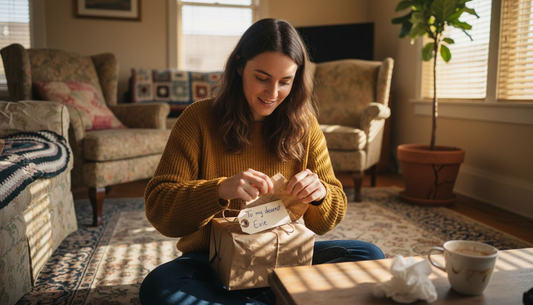 Young woman opening meaningful present at home