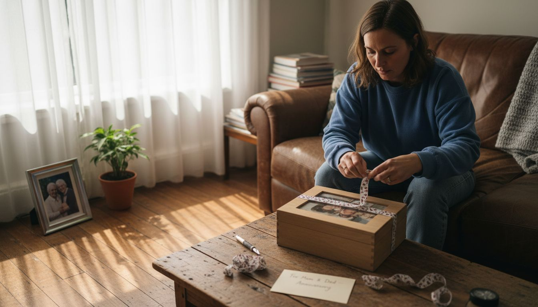 Woman wrapping personalised gift in living room