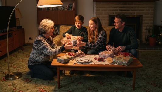 Family exchanging personalised gifts on Christmas Eve