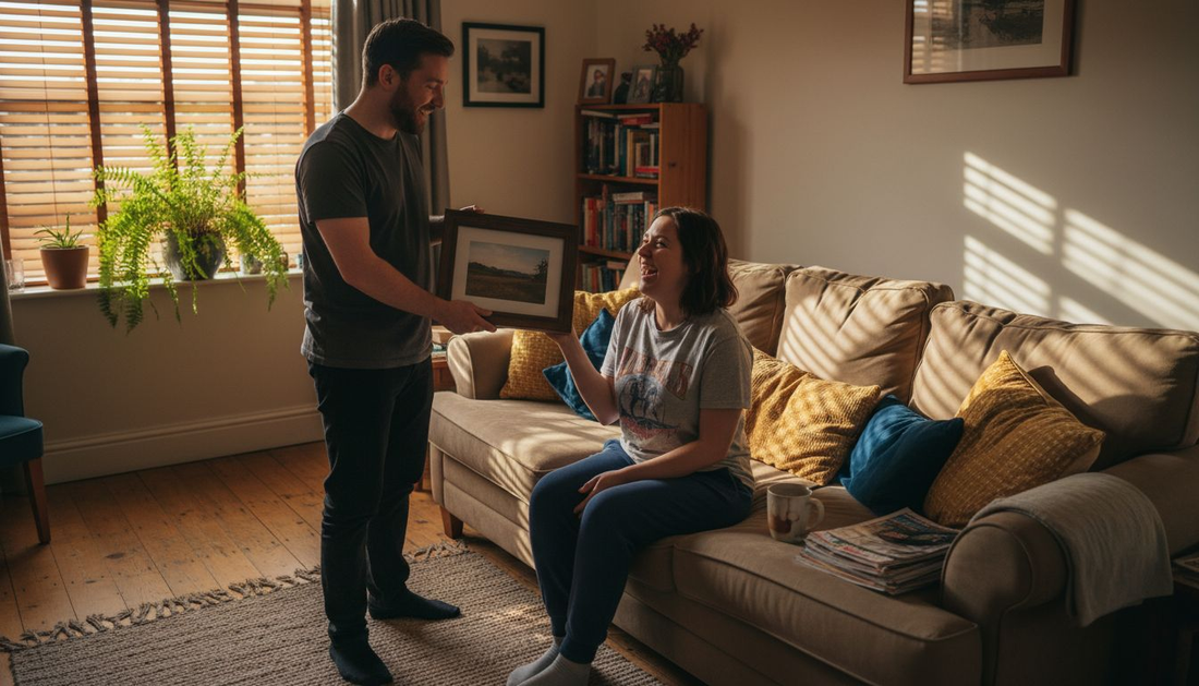 Man gifting personalized photo in living room