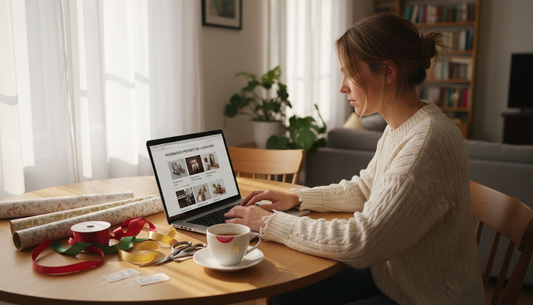 Woman choosing personalised gifts at home table