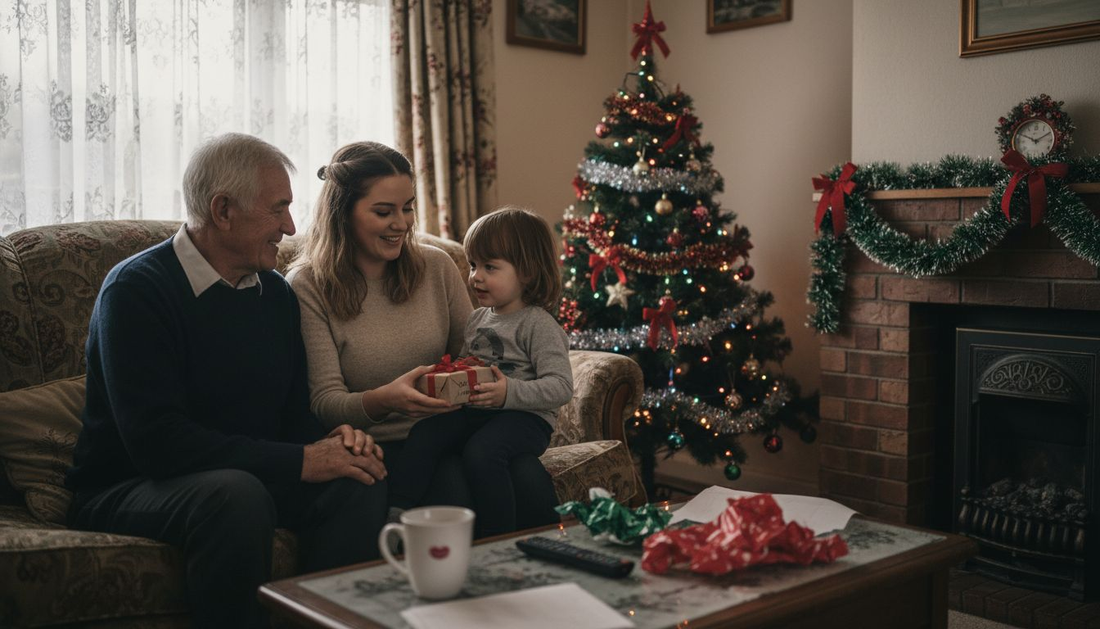 Family sharing personalised gifts in festive living room