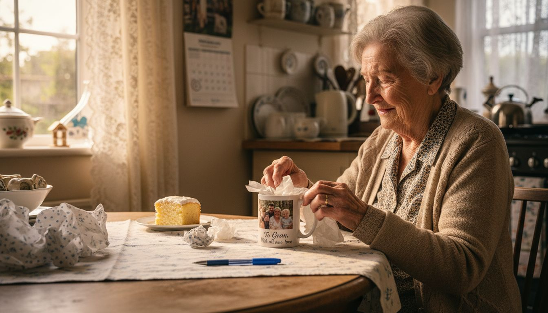 Elderly woman opening personalised photo mug