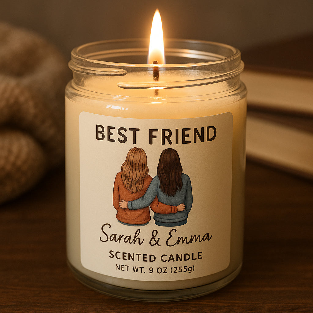 A cozy, personalized scented candle with a friend-themed label. Alt: Custom best friend gift scented candle with personalized label.