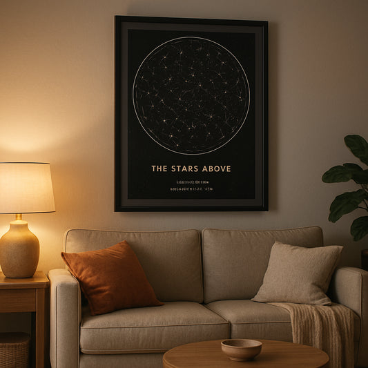 A cozy living room with a custom constellation star map framed in sleek black, hanging above a sofa, soft lighting highlighting the constellations. Alt: personalized star map gift displayed in a modern home setting.
