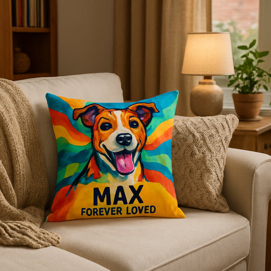 A cozy living room corner featuring a personalized pet memorial pillow with a vibrant design reflecting a playful dog’s personality. Alt: Personalized pet memorial pillow gift with lively and colorful design reflecting a playful dog.