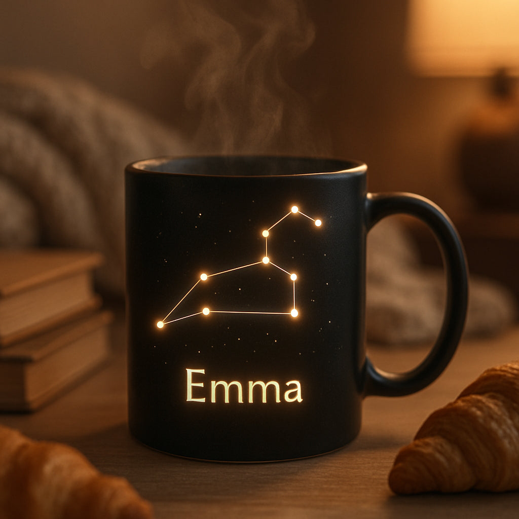 A cozy morning scene featuring a personalized constellation coffee mug with the Leo zodiac constellation design glowing softly against a dark background. Alt: Personalized constellation coffee mug gift showcasing the Leo zodiac star pattern.