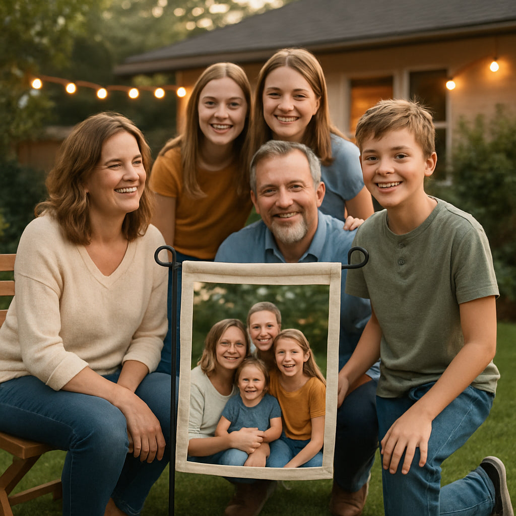 A cozy backyard scene featuring a smiling family gathering around a garden flag display showing a personalized photo. Alt: Custom photo garden flag gift displaying cherished family memories in an inviting outdoor setting.