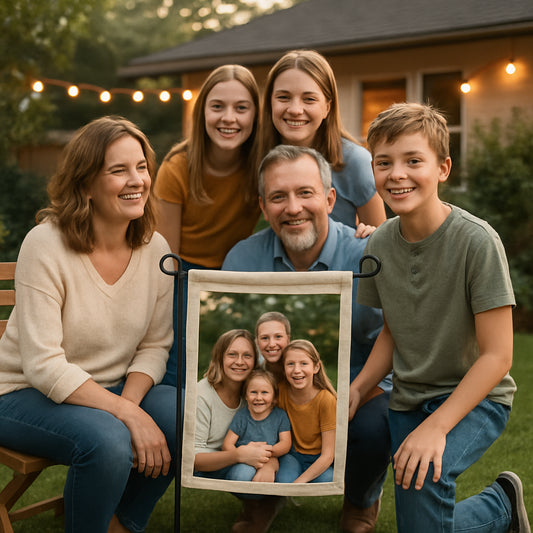 A cozy backyard scene featuring a smiling family gathering around a garden flag display showing a personalized photo. Alt: Custom photo garden flag gift displaying cherished family memories in an inviting outdoor setting.