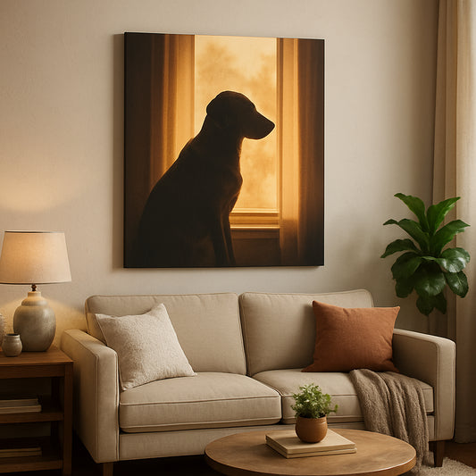 A cozy living room scene with a beautiful pet silhouette canvas hanging on the wall, featuring a calm dog sitting by a sunlit window. Alt: Print on demand custom pet silhouette canvas gift showing a dog's side profile in warm natural light.