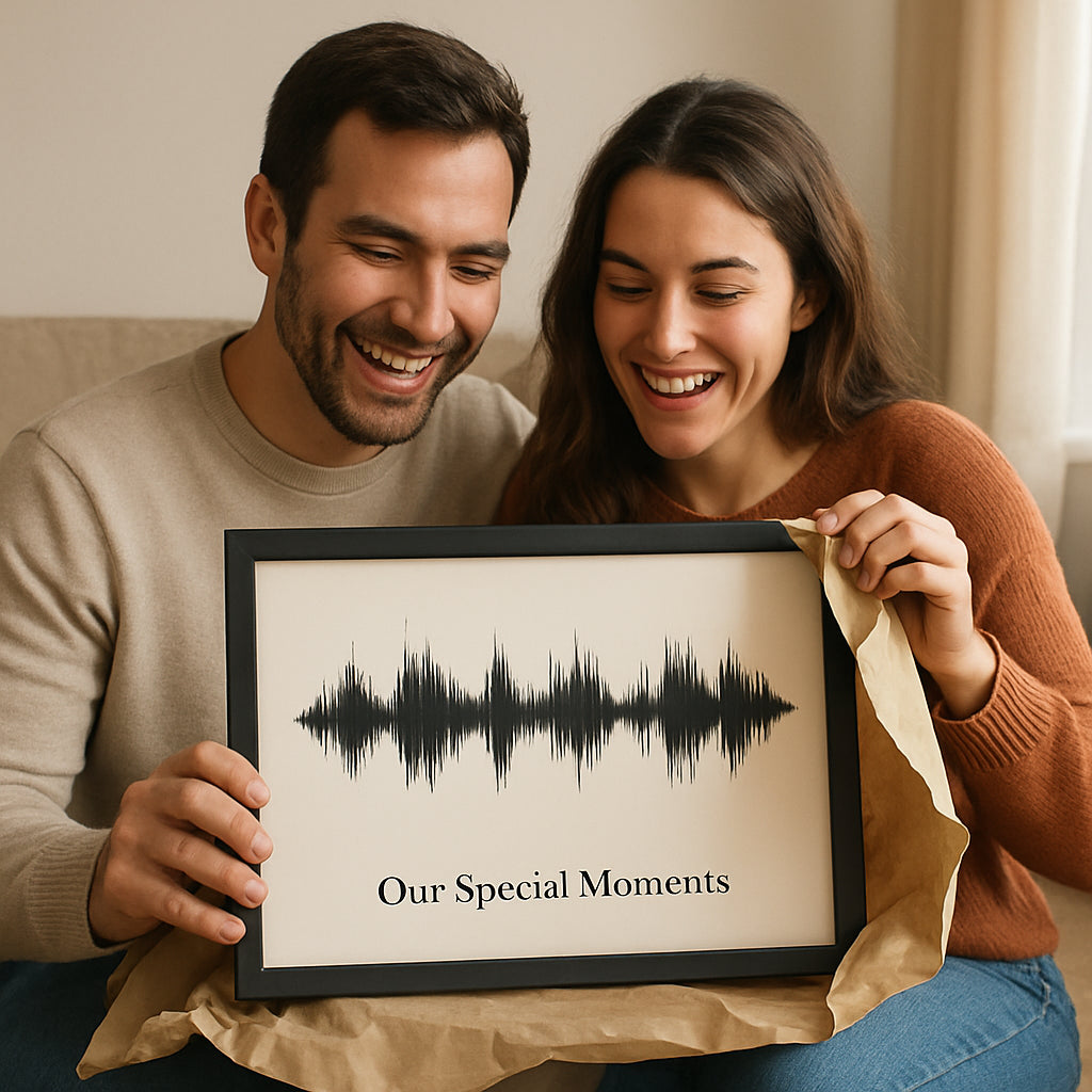 A heartwarming scene of a couple unwrapping a framed personalized sound wave art print gift, smiling with joy. Alt: Personalized sound wave art print gift capturing special moments