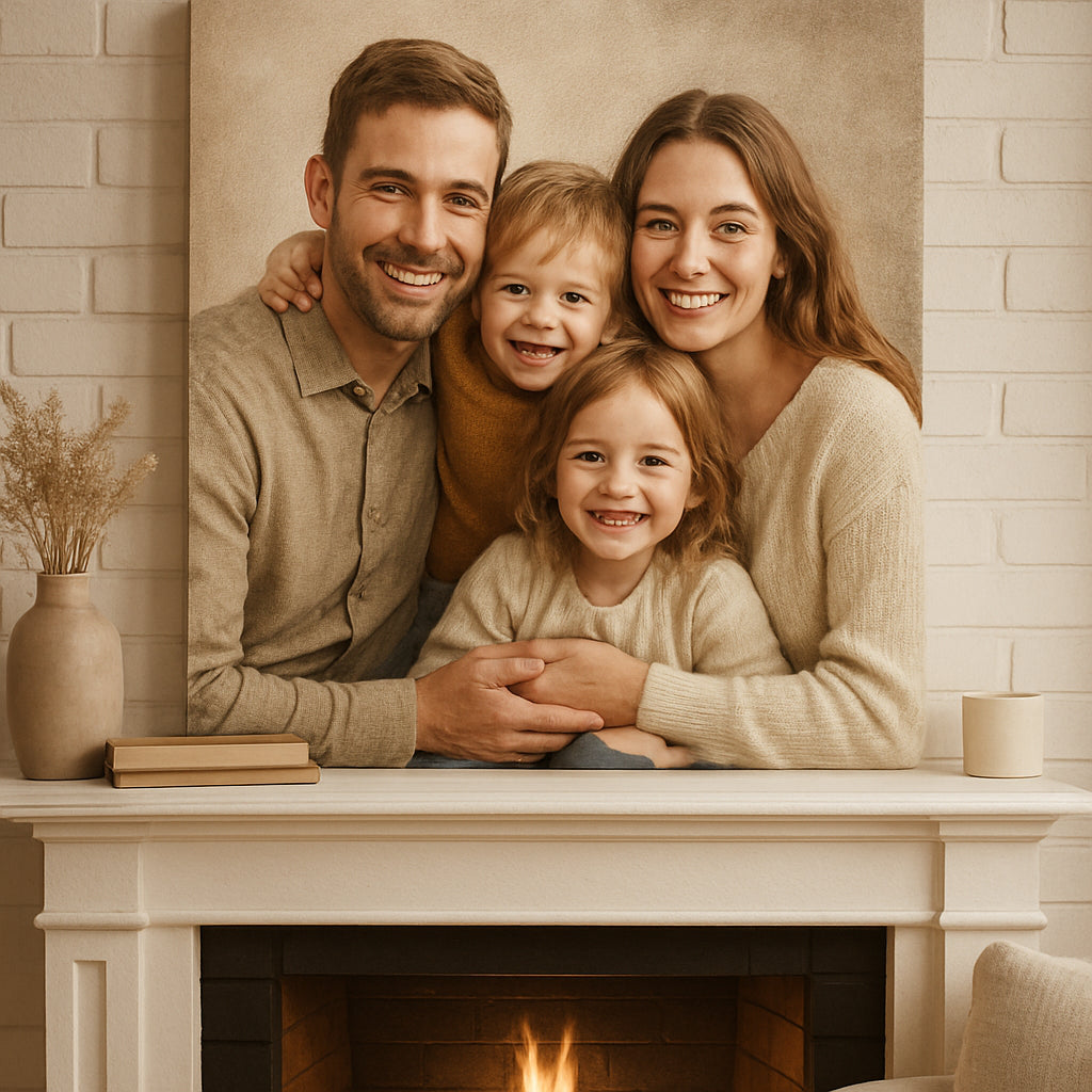 A warm family portrait printed on a textured canvas hanging above a cozy living room fireplace. Alt: Personalized family portrait print on canvas wall art gift capturing happy moments.