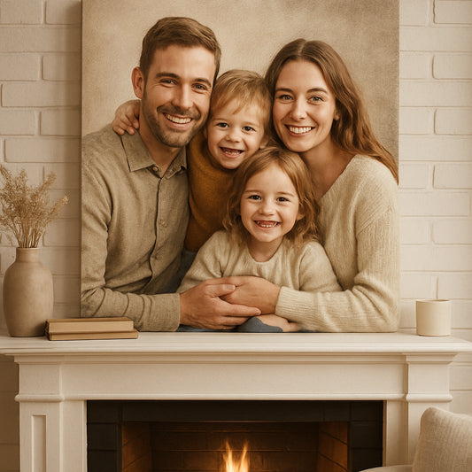 A warm family portrait printed on a textured canvas hanging above a cozy living room fireplace. Alt: Personalized family portrait print on canvas wall art gift capturing happy moments.