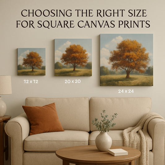A cozy living room wall with a square canvas print displayed above a sofa, showcasing various size options. Alt: Choosing the right size for square canvas prints
