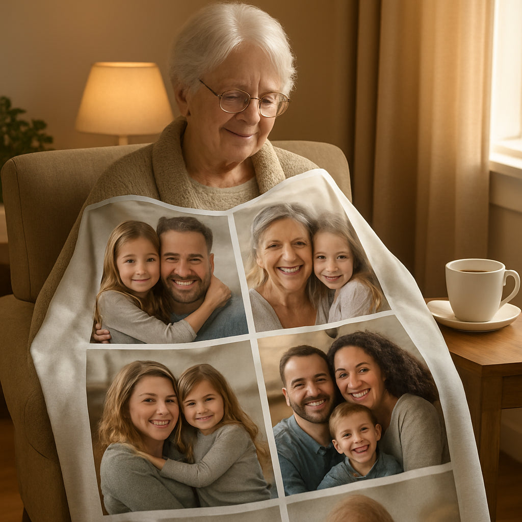 A cozy living room scene with a grandparent wrapped in a custom photo blanket featuring family pictures, soft lighting, and a cup of tea on a nearby table. Alt: Custom photo blanket best personalized gifts for grandparents