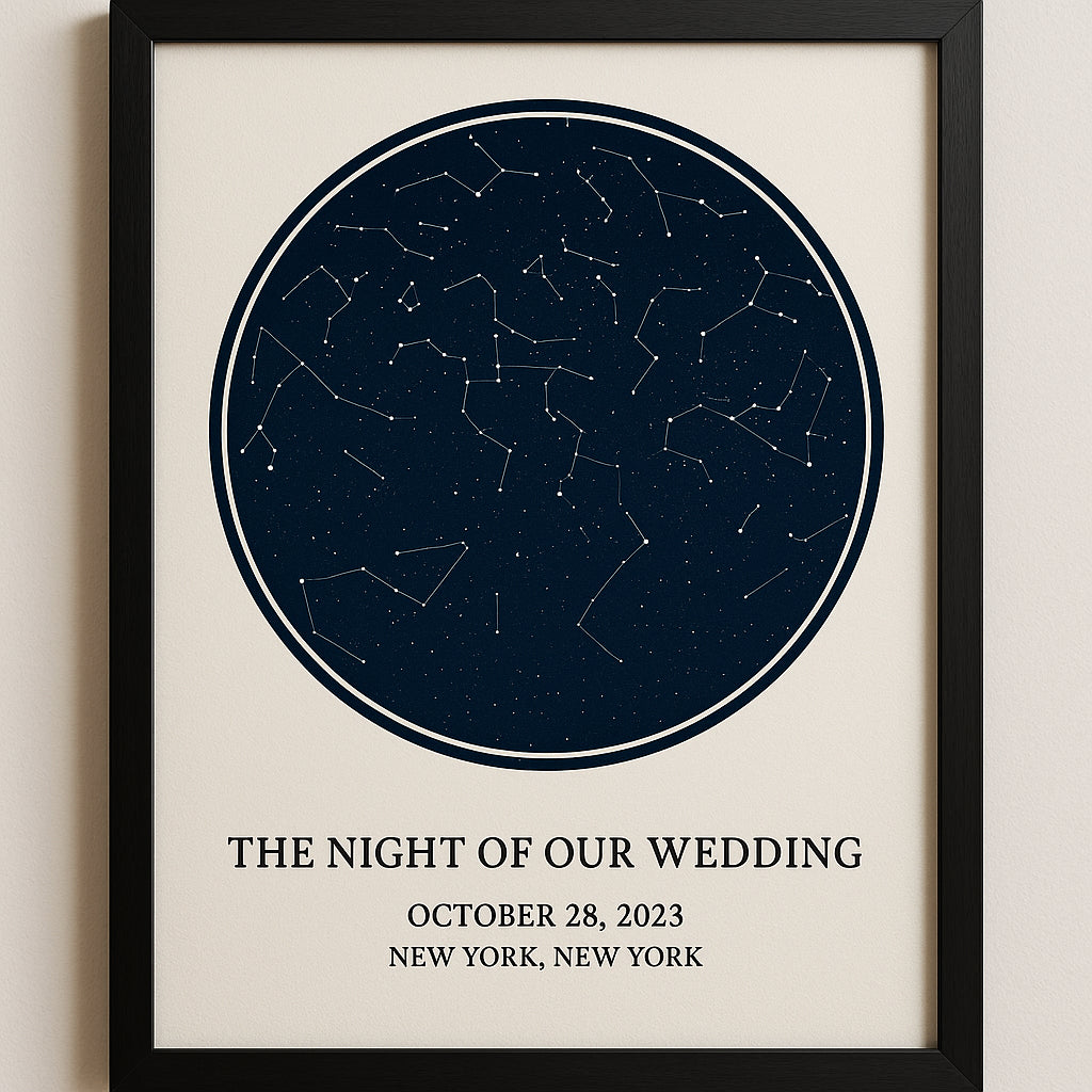 A professionally framed custom star map print showing constellations on a wedding night. Alt: Custom star map print first anniversary commemorating a special date.